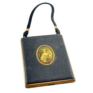 Mondaine Art Deco Portrait Powder Compact Black Leather Vintage Makeup Case